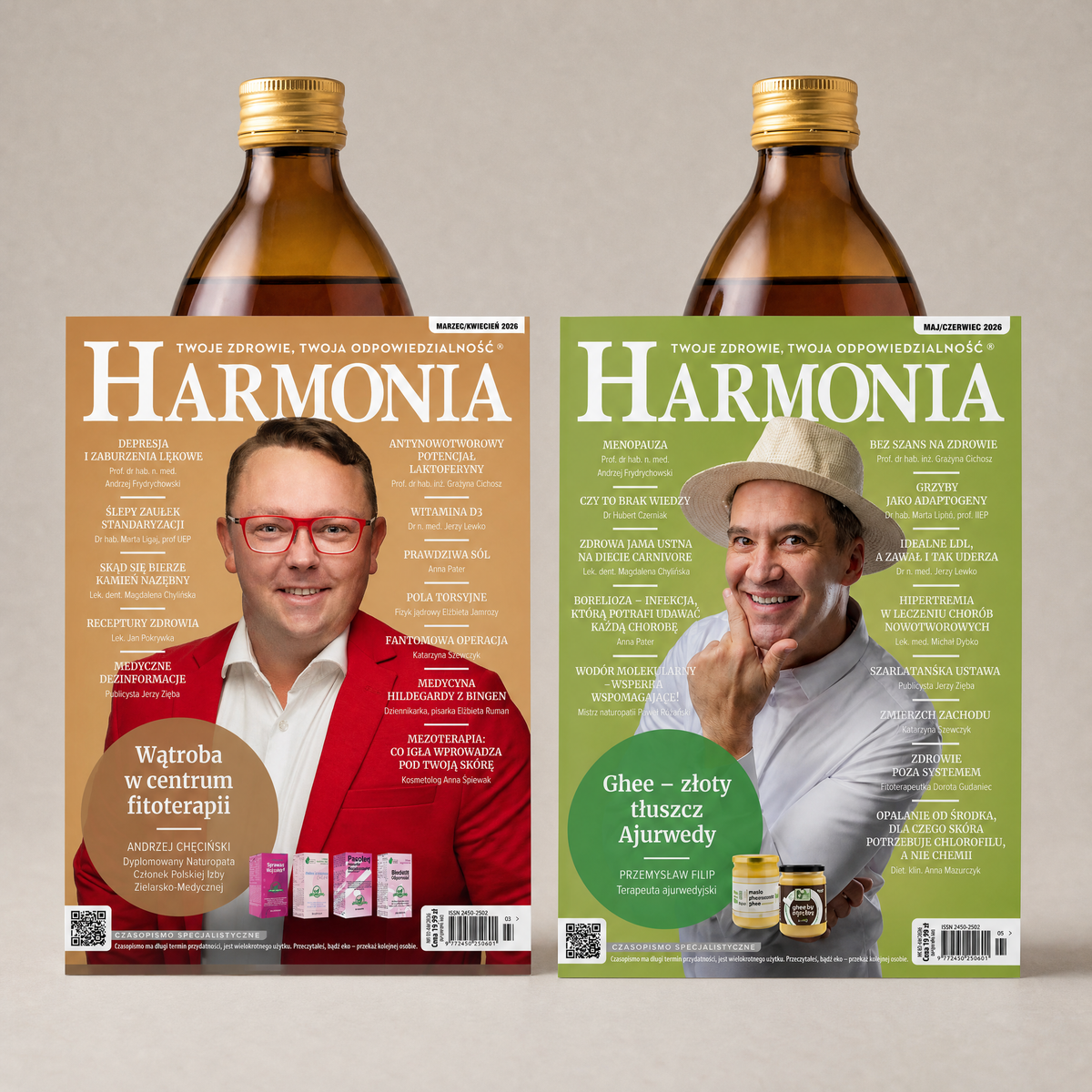 Dwie butelki Carska Kompleks Ziołowy 500 ml i dwa egzemplarze czasopisma Harmonia w gratisie