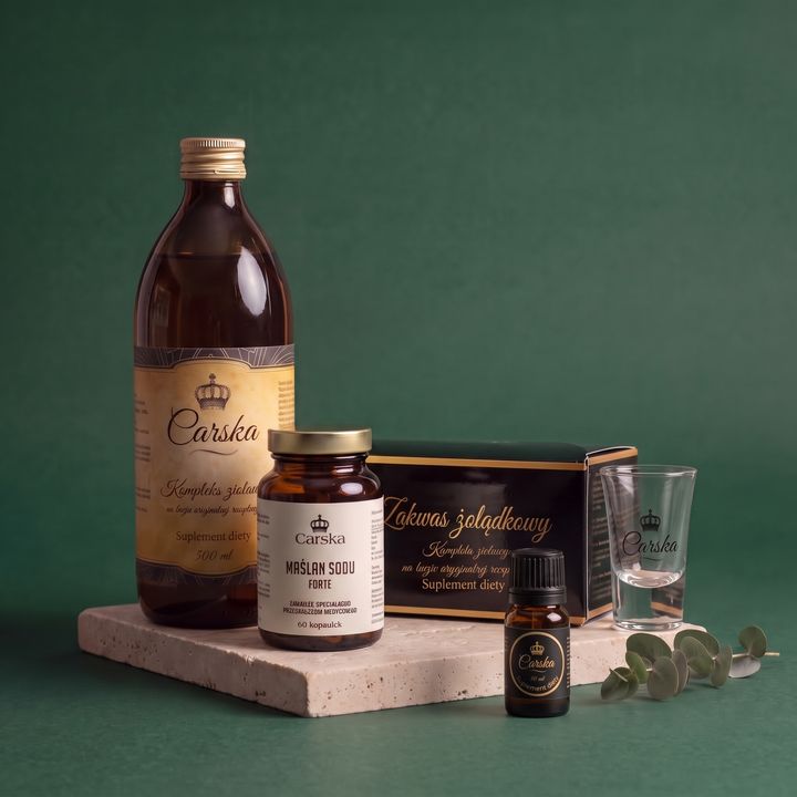 Zestaw Startowy Carska - Zakwas 500ml, format podrozny 10ml, Maslan Sodu Forte, kieliszek